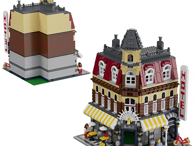 Building Blocks Hotel Model With Yellow Brown Exterior Red Roof Awning And Mini Figures 3d model