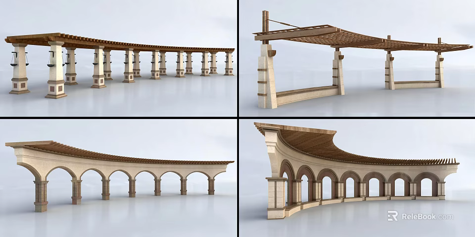 Wooden Pergola with Arched Structure and Columns for Outdoor Garden Shade 3d model 