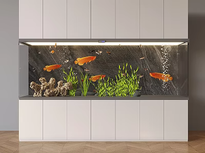 Modern Built-in Aquarium Design With Orange Fish Green Aquatic Plants Decorative Rocks And White Cabinet 3d model
