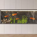 Modern Built-in Aquarium Design With Orange Fish Green Aquatic Plants Decorative Rocks And White Cabinet