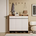 Modern Entryway Shoe Cabinet With Coat Hooks Plaid Scarf Table Lamp And Shoes