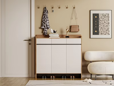 Modern Entryway Shoe Cabinet With Coat Hooks Plaid Scarf Table Lamp And Shoes 3d model