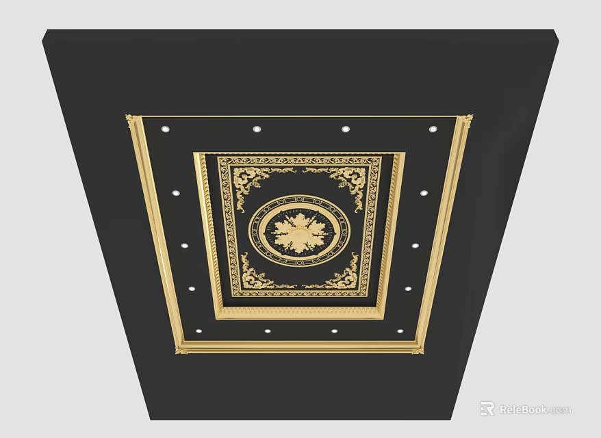 Black Ceiling With Gold Ornate Pattern Circular Center And Decorative Borders 3d model 