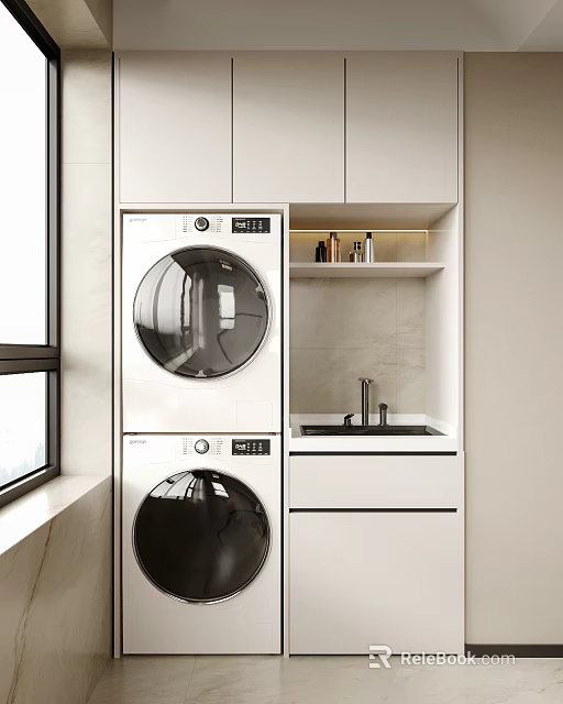 Modern Laundry Space With Stackable Washing Machines White Cabinets Upper Shelf And Sink 3d model