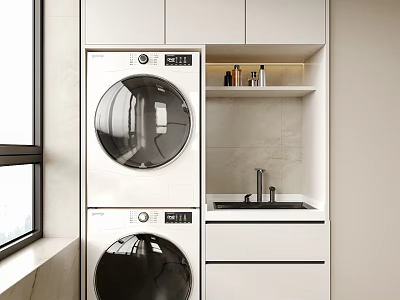 Modern Laundry Space With Stackable Washing Machines White Cabinets Upper Shelf And Sink 3d model