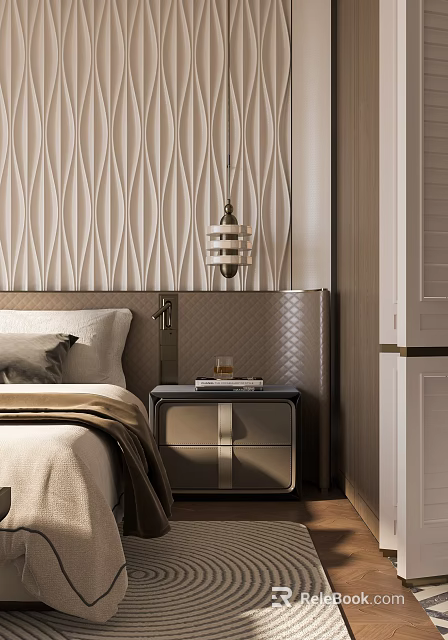 Elegant Modern Bedside Table with Quilted Headboard Wavy Textured Wall and Books on Top 3d model 