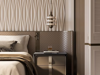Elegant Modern Bedside Table with Quilted Headboard Wavy Textured Wall and Books on Top 3d model