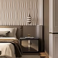 Elegant Modern Bedside Table with Quilted Headboard Wavy Textured Wall and Books on Top