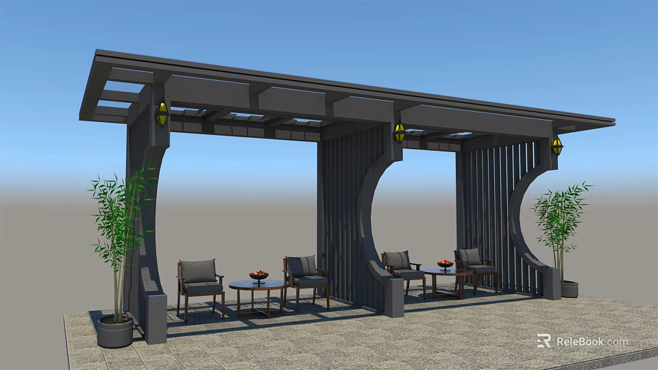 Modern Outdoor Pergola With Wooden Structure Tables Chairs And Green Plants For Relaxation Space Design 3d model 