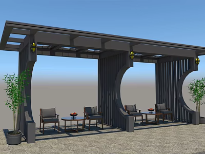 Modern Outdoor Pergola With Wooden Structure Tables Chairs And Green Plants For Relaxation Space Design 3d model