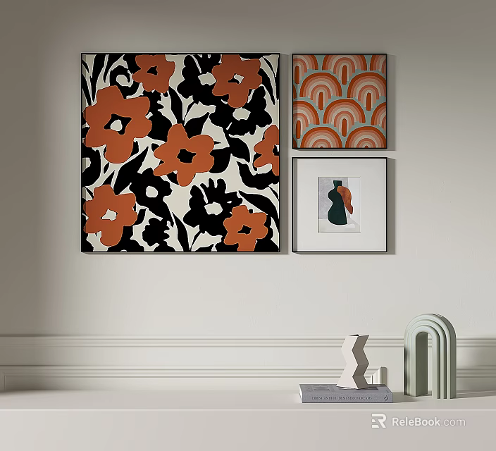 Abstract Paintings With Orange Black Floral Wavy Patterns Modern Wall Decor 3d model