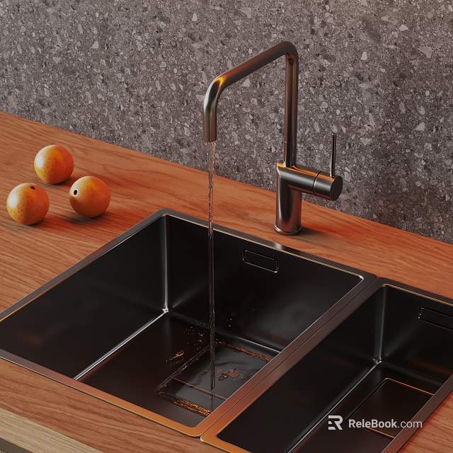 Black Double Bowl Kitchen Sink With Modern Faucet Running Water Wooden Countertop And Orange Fruits 3d model 