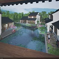 Ancient Architecture Scenic View With Pond Lotus Leaves Pedestrians And Mountain Backdrop