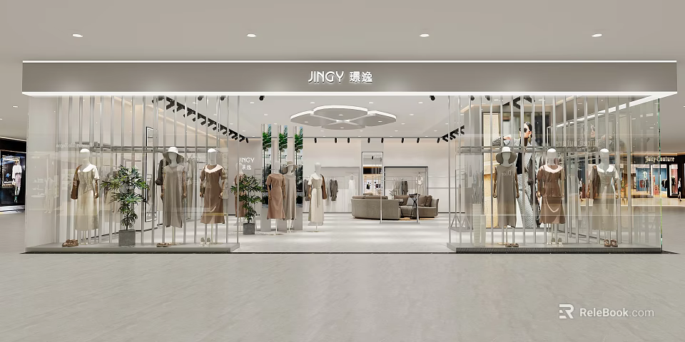 Modern Clothing Store Window Display With Dressed Mannequins Green Plants And Bright Lighting 3d model 