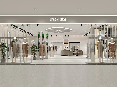 Modern Clothing Store Window Display With Dressed Mannequins Green Plants And Bright Lighting 3d model