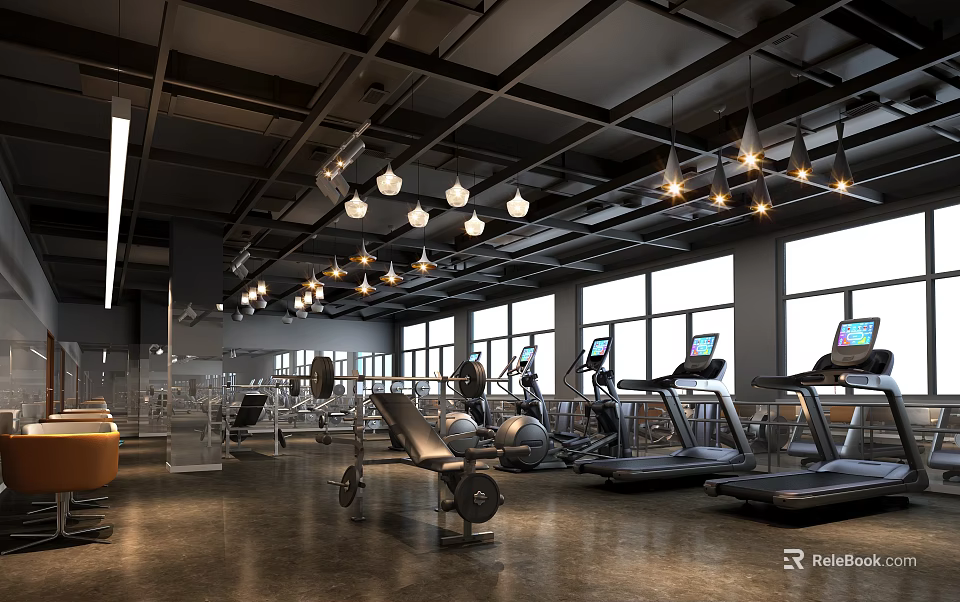 Spacious Modern Gym With Treadmills Dumbbell Benches Large Windows And Pendant Lights 3d model 