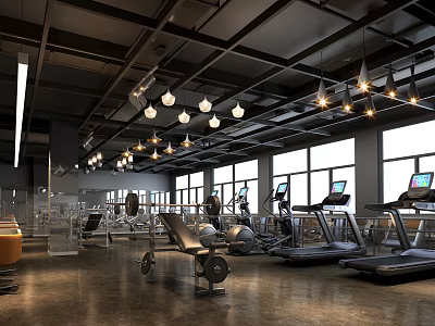 Spacious Modern Gym With Treadmills Dumbbell Benches Large Windows And Pendant Lights 3d model