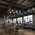 Spacious Modern Gym With Treadmills Dumbbell Benches Large Windows And Pendant Lights