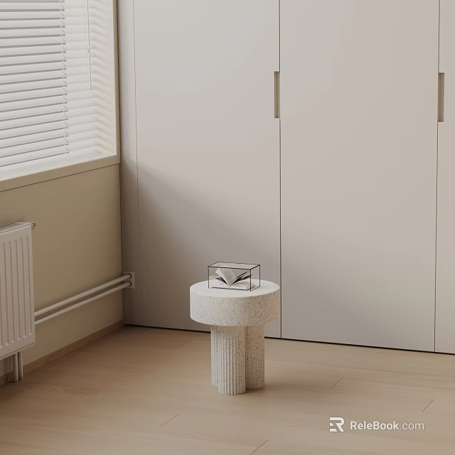Minimalist Stone Side Table With Light Wood Floor Window Blinds And Cabinets 3d model 