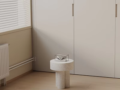 Minimalist Stone Side Table With Light Wood Floor Window Blinds And Cabinets 3d model