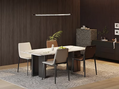 Modern Dining Table And Chairs With Marble Tabletop And Wooden Wall Paneling 3d model
