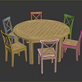 Rustic Wooden Round Dining Table With Six Chairs For Dining Room Interior 3d model