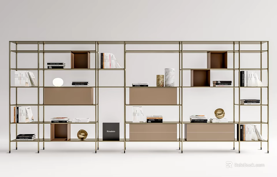 Modern Metal Frame Bookcase With Open Shelves Books Decorative Items And Drawers 3d model 