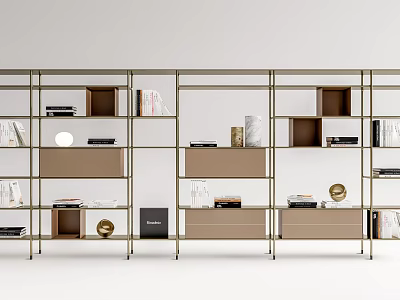 Modern Metal Frame Bookcase With Open Shelves Books Decorative Items And Drawers 3d model