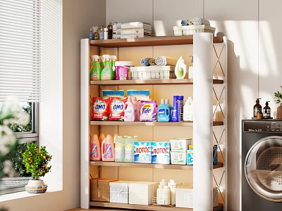 Wooden Laundry Shelf With Cleaning Supplies Detergent Bottles And Storage Boxes Near Washing Machine 3d model