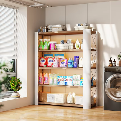 Wooden Laundry Shelf With Cleaning Supplies Detergent Bottles And Storage Boxes Near Washing Machine 3d model