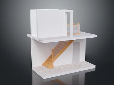 Architectural Model Structure Featuring Two Story Design With Wooden Staircase And White Frame Platform 3d model
