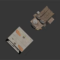 Model Scene Components Featuring Grey Storage Shelves Orange Items Wooden Platform And Metal Frame