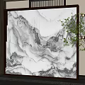 Elegant Marble Partition With Mountain Pattern Wooden Frame Lighting And Potted Plant 3d model