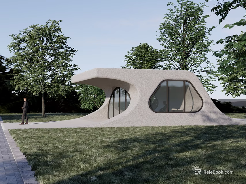 Modern Concrete Entrance Gate With Curved Design Large Windows And Green Grassland 3d model 