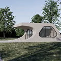 Modern Concrete Entrance Gate With Curved Design Large Windows And Green Grassland
