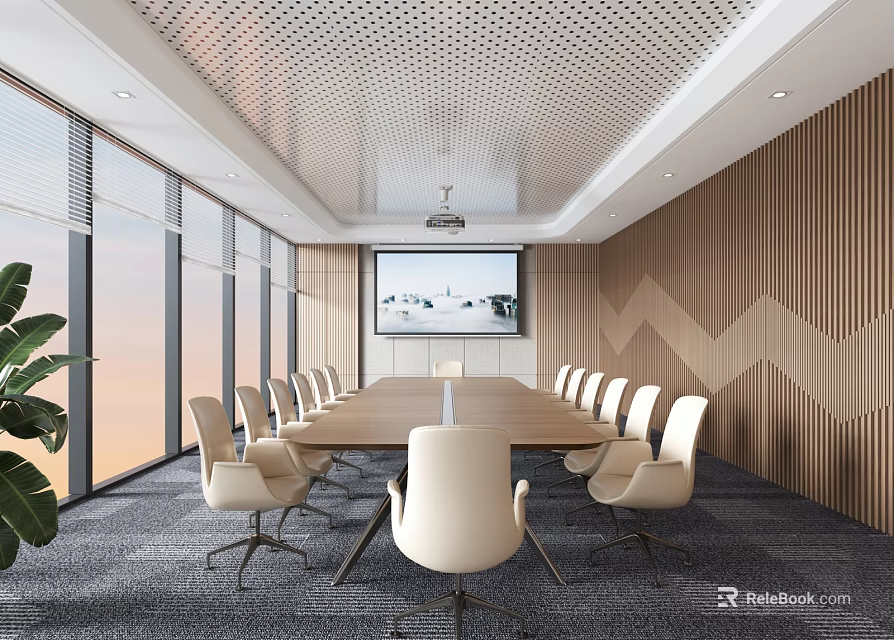 Modern Conference Room With Long Table White Chairs Large Screen And Wooden Panel Wall 3d model 
