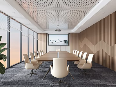 Modern Conference Room With Long Table White Chairs Large Screen And Wooden Panel Wall 3d model