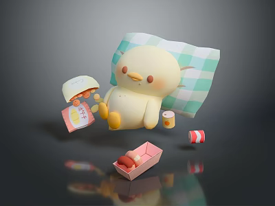 Cute Yellow Animated Character Lying on Green Checkered Pillow with Snacks Drinks and Food Items 3d model