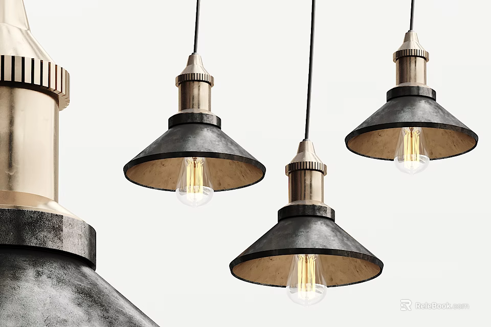 Vintage Industrial Pendant Lights With Black Shades Metal Bases And Exposed Bulbs 3d model 