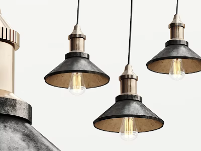 Vintage Industrial Pendant Lights With Black Shades Metal Bases And Exposed Bulbs 3d model