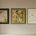 Three Decorative Wall Paintings With Floral Landscape Bird Patterns And Vase 3d model