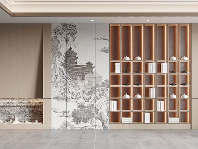Traditional Chinese Interior With Wooden Display Cabinet And Landscape Painting 3d model