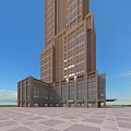Tall Brown Office Building With Numerous Windows And Blue Sky Background