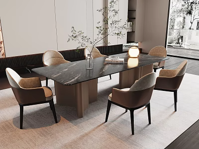 Modern Marble Dining Table Set With Six Comfortable Chairs And Pendant Light 3d model