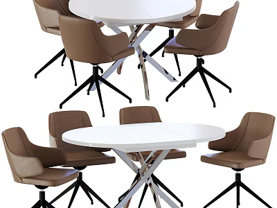 White Round Dining Table Set With Brown Leather Chairs And Cross Metal Legs 3d model