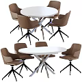 White Round Dining Table Set With Brown Leather Chairs And Cross Metal Legs