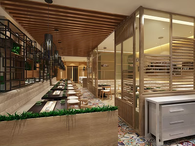 Modern Restaurant Interior With Wooden Ceiling Open Layout Green Plants And Dining Tables 3d model