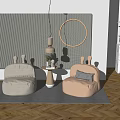 Beige Bean Bag Chairs With Striped Wall Circular Light And Small Table In Modern Room