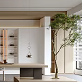 Modern Minimalist Tea Room Interior Design With Long Wooden Table Green Plants And Display Shelves