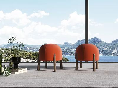 Orange Sofa Stools With Wooden Legs Outdoor Mountain Sea View Blue Sky White Clouds 3d model
